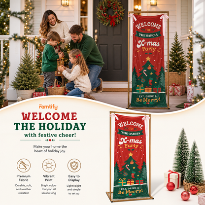 Retro Groovy Red Christmas Tree Family Fabric Welcome Banner, Personalized Family Name Xmas Party Entrance Hanging Sign with Ribbon Ties, Classic Festive Holiday Decor