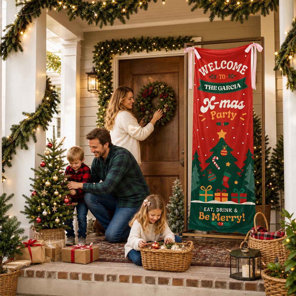Retro Groovy Red Christmas Tree Family Fabric Welcome Banner, Personalized Family Name Xmas Party Entrance Hanging Sign with Ribbon Ties, Classic Festive Holiday Decor