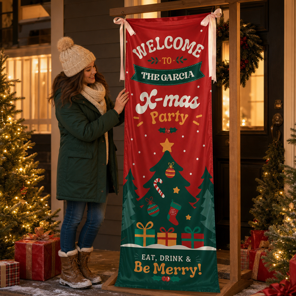 Retro Groovy Red Christmas Tree Family Fabric Welcome Banner, Personalized Family Name Xmas Party Entrance Hanging Sign with Ribbon Ties, Classic Festive Holiday Decor