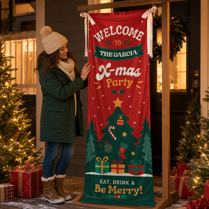 Retro Groovy Red Christmas Tree Family Fabric Welcome Banner, Personalized Family Name Xmas Party Entrance Hanging Sign with Ribbon Ties, Classic Festive Holiday Decor