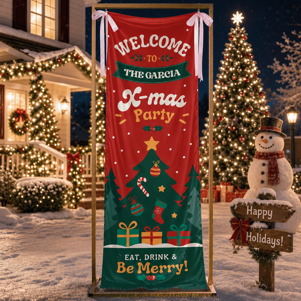 Retro Groovy Red Christmas Tree Family Fabric Welcome Banner, Personalized Family Name Xmas Party Entrance Hanging Sign with Ribbon Ties, Classic Festive Holiday Decor