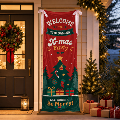 Retro Groovy Red Christmas Tree Family Fabric Welcome Banner, Personalized Family Name Xmas Party Entrance Hanging Sign with Ribbon Ties, Classic Festive Holiday Decor