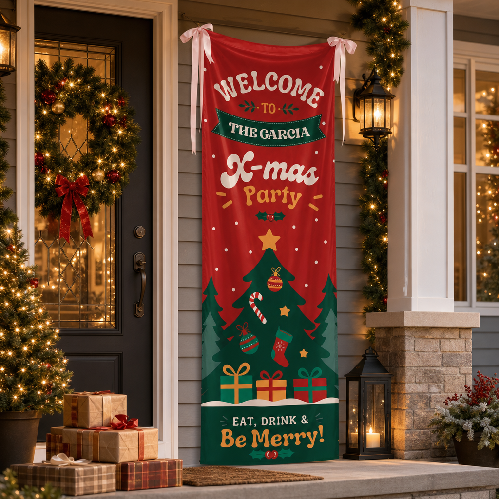 Retro Groovy Red Christmas Tree Family Fabric Welcome Banner, Personalized Family Name Xmas Party Entrance Hanging Sign with Ribbon Ties, Classic Festive Holiday Decor