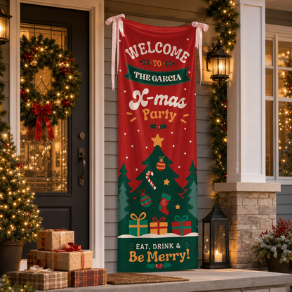 Retro Groovy Red Christmas Tree Family Fabric Welcome Banner, Personalized Family Name Xmas Party Entrance Hanging Sign with Ribbon Ties, Classic Festive Holiday Decor