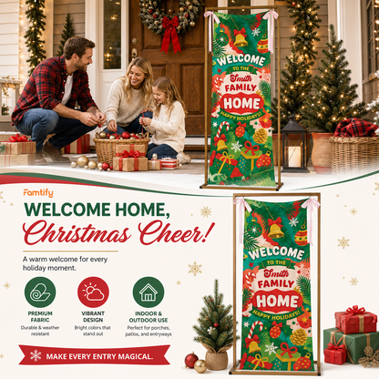 Festive Green Christmas Bell Family Fabric Welcome Banner, Personalized Family Name Home Entrance Hanging Sign with Ribbon Ties, Vibrant Pine & Gift Xmas Party Decor