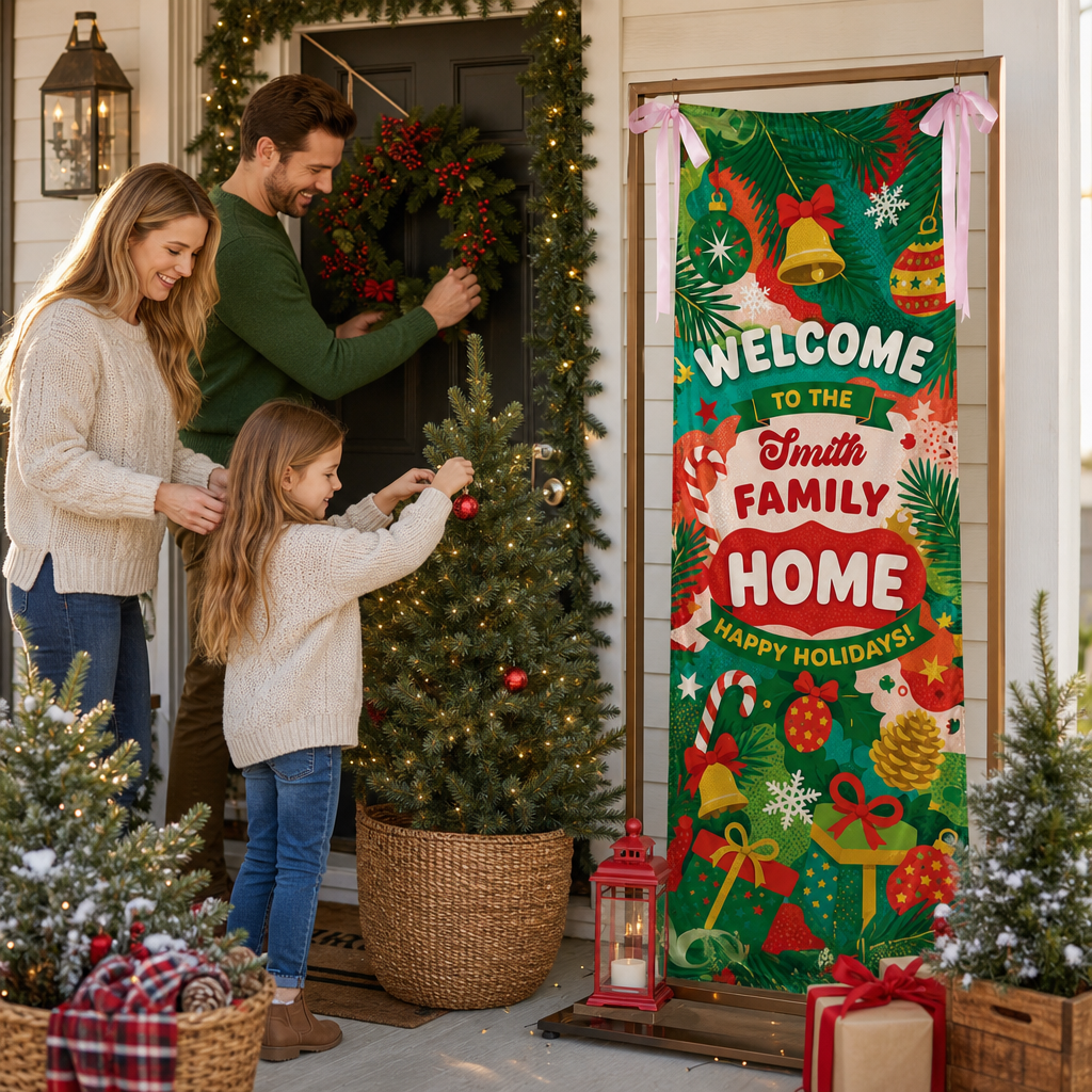 Festive Green Christmas Bell Family Fabric Welcome Banner, Personalized Family Name Home Entrance Hanging Sign with Ribbon Ties, Vibrant Pine & Gift Xmas Party Decor