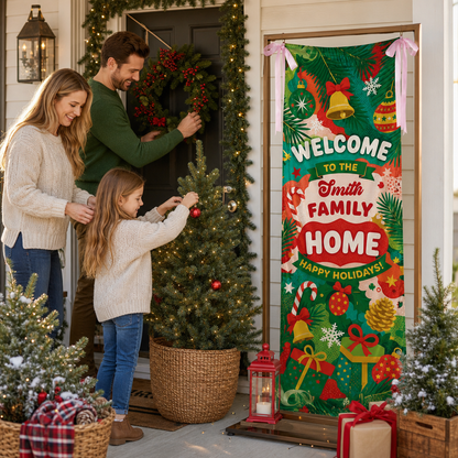 Festive Green Christmas Bell Family Fabric Welcome Banner, Personalized Family Name Home Entrance Hanging Sign with Ribbon Ties, Vibrant Pine & Gift Xmas Party Decor