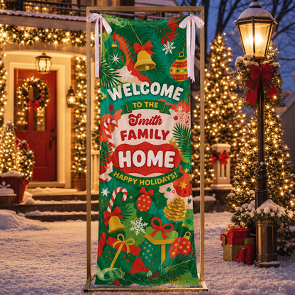 Festive Green Christmas Bell Family Fabric Welcome Banner, Personalized Family Name Home Entrance Hanging Sign with Ribbon Ties, Vibrant Pine & Gift Xmas Party Decor
