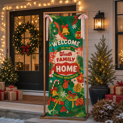 Festive Green Christmas Bell Family Fabric Welcome Banner, Personalized Family Name Home Entrance Hanging Sign with Ribbon Ties, Vibrant Pine & Gift Xmas Party Decor