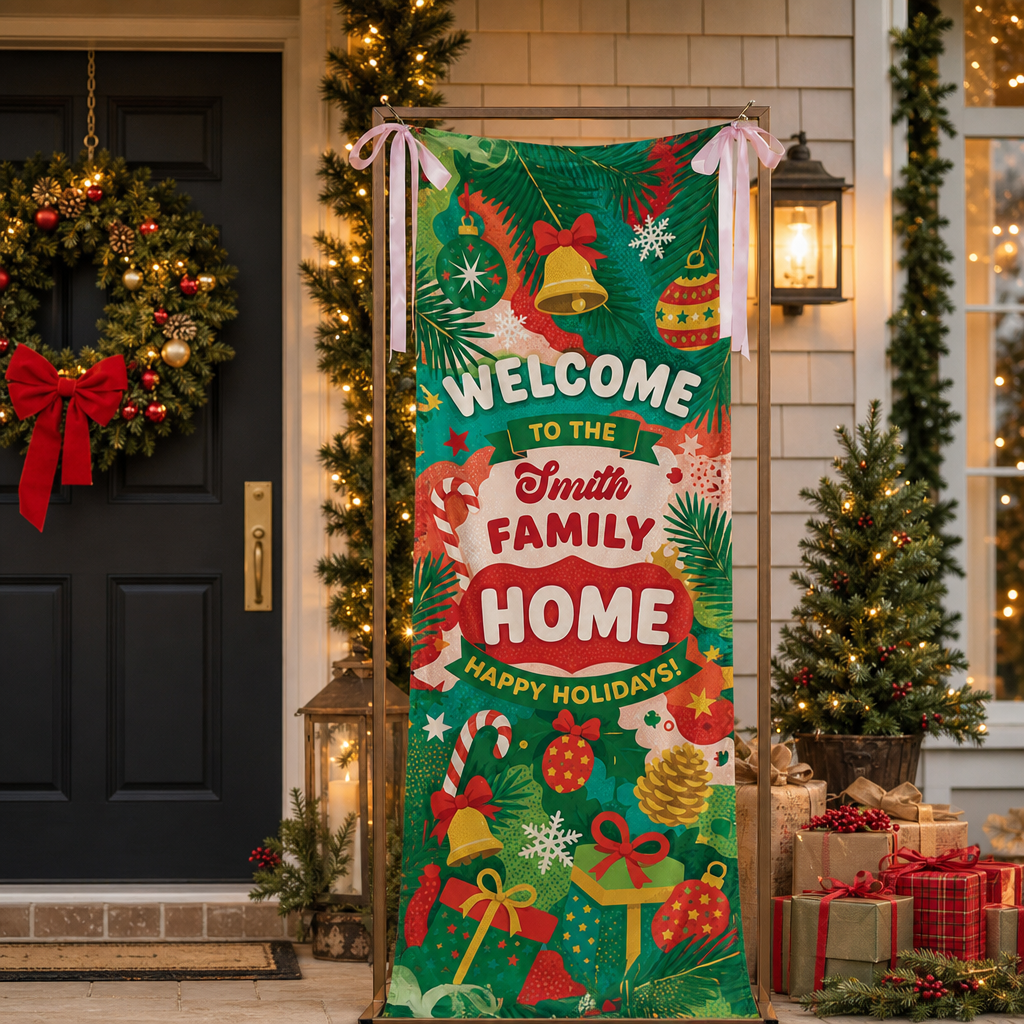 Festive Green Christmas Bell Family Fabric Welcome Banner, Personalized Family Name Home Entrance Hanging Sign with Ribbon Ties, Vibrant Pine & Gift Xmas Party Decor