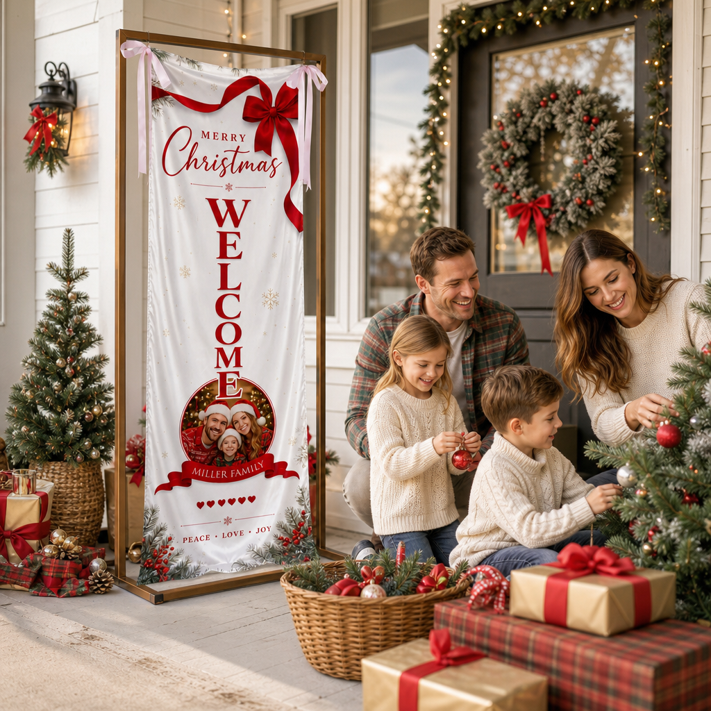 Custom Photo Elegant Red Bow Christmas Family Fabric Welcome Banner, Personalized Family Name Entrance Hanging Sign with Ribbon Ties, Vertical Classic Xmas Party Decor