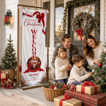Custom Photo Elegant Red Bow Christmas Family Fabric Welcome Banner, Personalized Family Name Entrance Hanging Sign with Ribbon Ties, Vertical Classic Xmas Party Decor