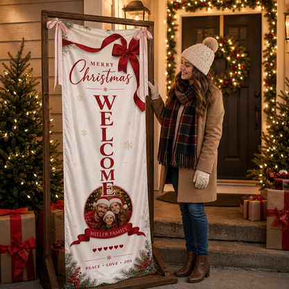Custom Photo Elegant Red Bow Christmas Family Fabric Welcome Banner, Personalized Family Name Entrance Hanging Sign with Ribbon Ties, Vertical Classic Xmas Party Decor