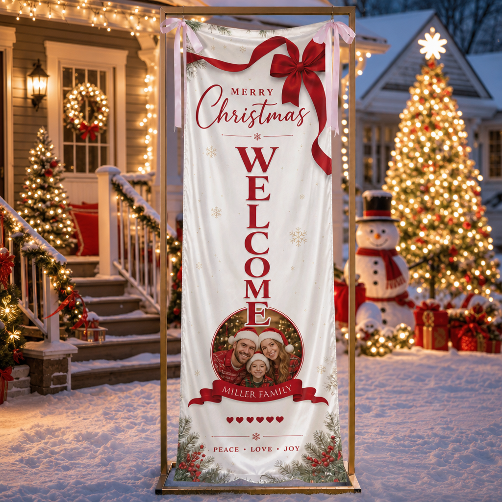Custom Photo Elegant Red Bow Christmas Family Fabric Welcome Banner, Personalized Family Name Entrance Hanging Sign with Ribbon Ties, Vertical Classic Xmas Party Decor