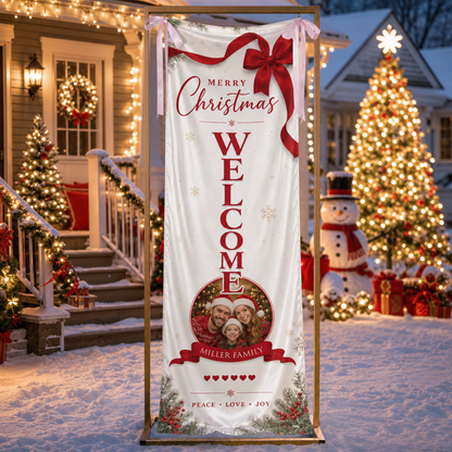 Custom Photo Elegant Red Bow Christmas Family Fabric Welcome Banner, Personalized Family Name Entrance Hanging Sign with Ribbon Ties, Vertical Classic Xmas Party Decor