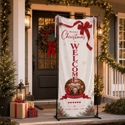 Custom Photo Elegant Red Bow Christmas Family Fabric Welcome Banner, Personalized Family Name Entrance Hanging Sign with Ribbon Ties, Vertical Classic Xmas Party Decor
