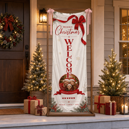 Custom Photo Elegant Red Bow Christmas Family Fabric Welcome Banner, Personalized Family Name Entrance Hanging Sign with Ribbon Ties, Vertical Classic Xmas Party Decor
