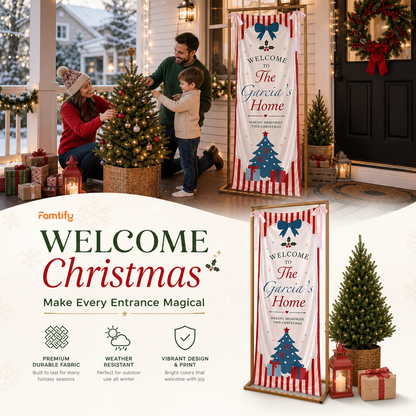 Coquette Red Stripe Blue Christmas Tree Family Fabric Welcome Banner, Personalized Family Name Home Entrance Hanging Sign with Ribbon Ties, Classic Vintage Xmas Party Decor