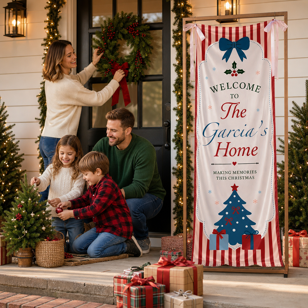 Coquette Red Stripe Blue Christmas Tree Family Fabric Welcome Banner, Personalized Family Name Home Entrance Hanging Sign with Ribbon Ties, Classic Vintage Xmas Party Decor