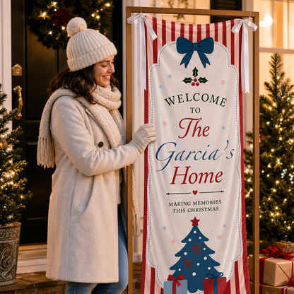 Coquette Red Stripe Blue Christmas Tree Family Fabric Welcome Banner, Personalized Family Name Home Entrance Hanging Sign with Ribbon Ties, Classic Vintage Xmas Party Decor