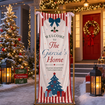 Coquette Red Stripe Blue Christmas Tree Family Fabric Welcome Banner, Personalized Family Name Home Entrance Hanging Sign with Ribbon Ties, Classic Vintage Xmas Party Decor