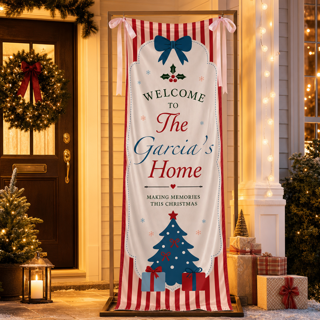 Coquette Red Stripe Blue Christmas Tree Family Fabric Welcome Banner, Personalized Family Name Home Entrance Hanging Sign with Ribbon Ties, Classic Vintage Xmas Party Decor
