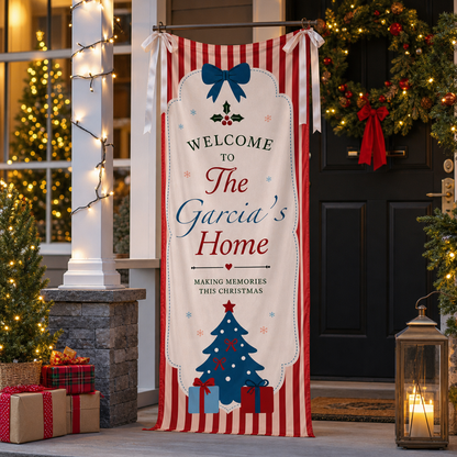 Coquette Red Stripe Blue Christmas Tree Family Fabric Welcome Banner, Personalized Family Name Home Entrance Hanging Sign with Ribbon Ties, Classic Vintage Xmas Party Decor