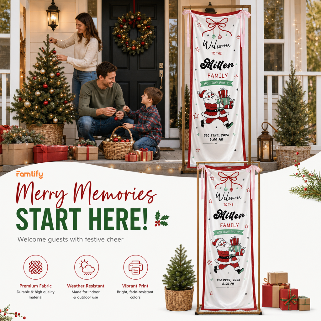Vintage Running Santa Claus Holiday Party Fabric Welcome Banner, Personalized Family Name Christmas Entrance Hanging Sign with Ribbon Ties, Classic Xmas Gifts Party Decor