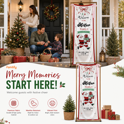 Vintage Running Santa Claus Holiday Party Fabric Welcome Banner, Personalized Family Name Christmas Entrance Hanging Sign with Ribbon Ties, Classic Xmas Gifts Party Decor
