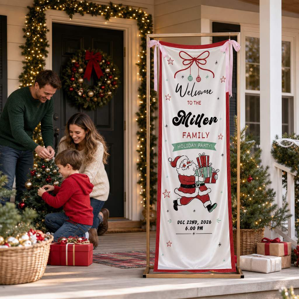 Vintage Running Santa Claus Holiday Party Fabric Welcome Banner, Personalized Family Name Christmas Entrance Hanging Sign with Ribbon Ties, Classic Xmas Gifts Party Decor
