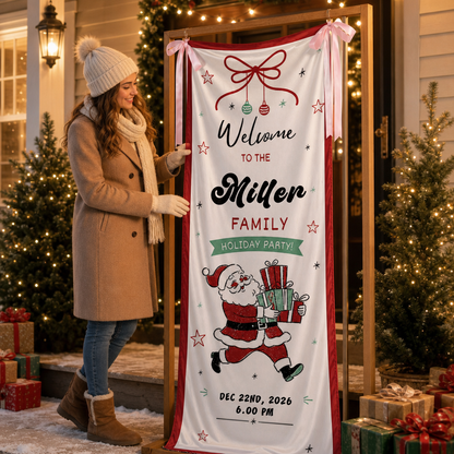 Vintage Running Santa Claus Holiday Party Fabric Welcome Banner, Personalized Family Name Christmas Entrance Hanging Sign with Ribbon Ties, Classic Xmas Gifts Party Decor