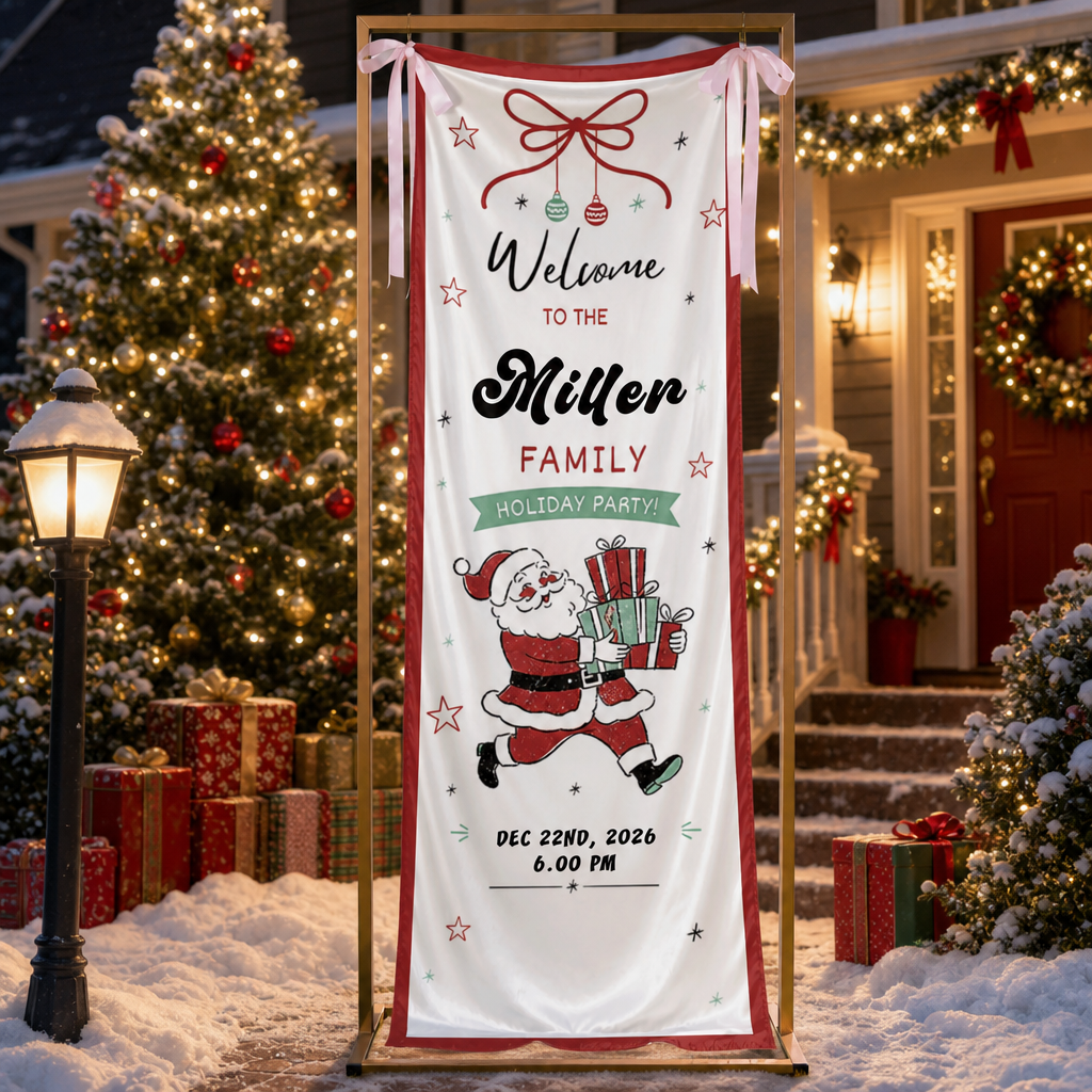 Vintage Running Santa Claus Holiday Party Fabric Welcome Banner, Personalized Family Name Christmas Entrance Hanging Sign with Ribbon Ties, Classic Xmas Gifts Party Decor