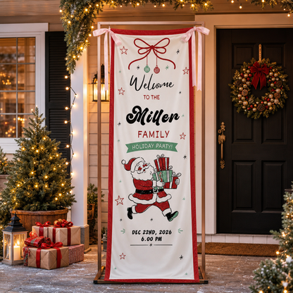Vintage Running Santa Claus Holiday Party Fabric Welcome Banner, Personalized Family Name Christmas Entrance Hanging Sign with Ribbon Ties, Classic Xmas Gifts Party Decor
