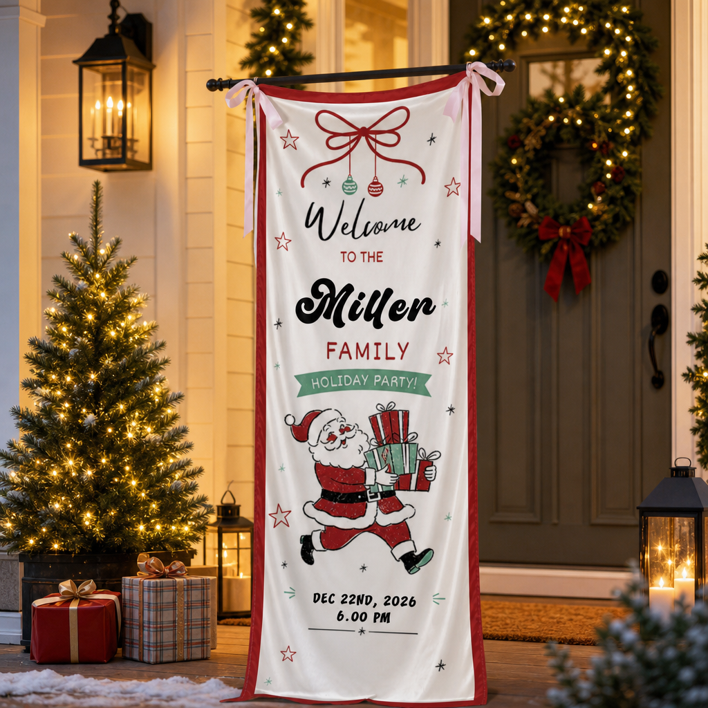 Vintage Running Santa Claus Holiday Party Fabric Welcome Banner, Personalized Family Name Christmas Entrance Hanging Sign with Ribbon Ties, Classic Xmas Gifts Party Decor