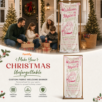 Pink Coquette Saxophone Santa Christmas Family Fabric Welcome Banner, Personalized Name Entrance Hanging Sign with Ribbon Ties, Musical Xmas Party Decor