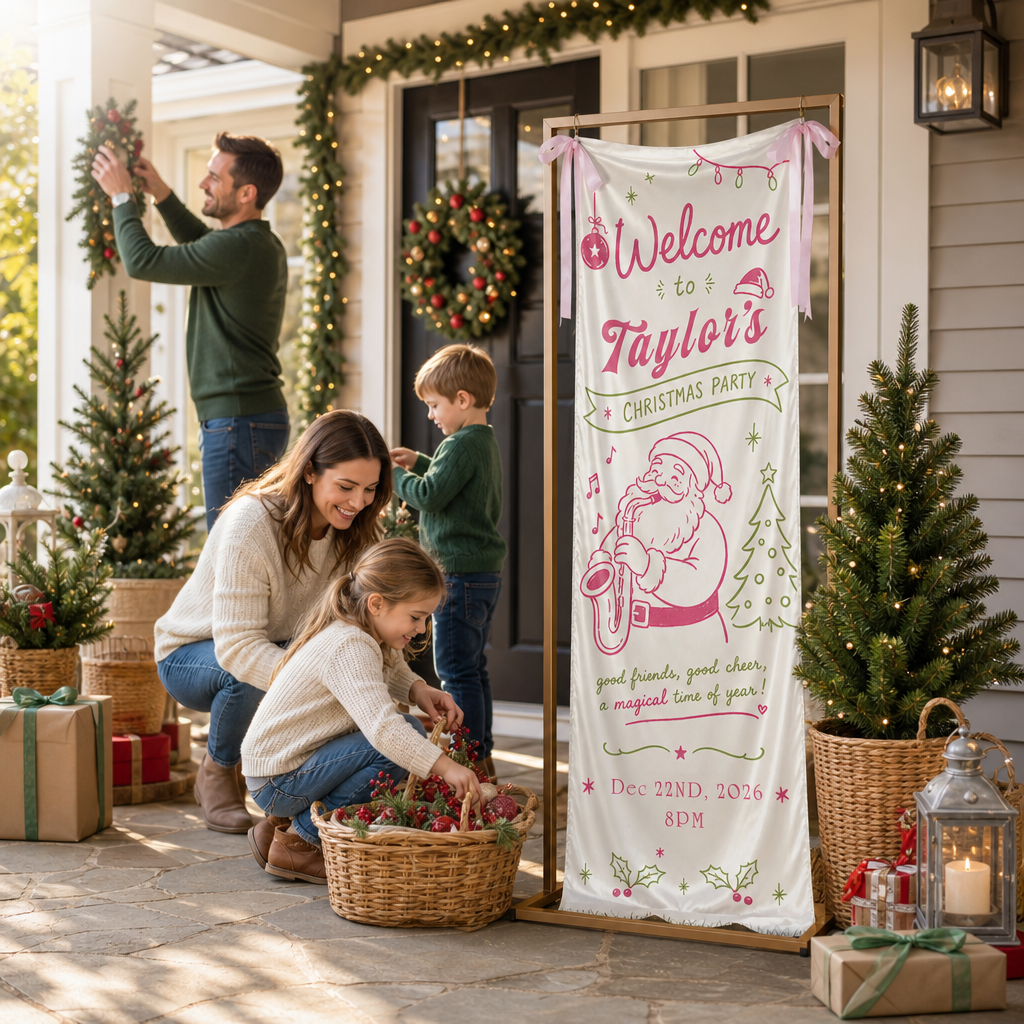 Pink Coquette Saxophone Santa Christmas Family Fabric Welcome Banner, Personalized Name Entrance Hanging Sign with Ribbon Ties, Musical Xmas Party Decor