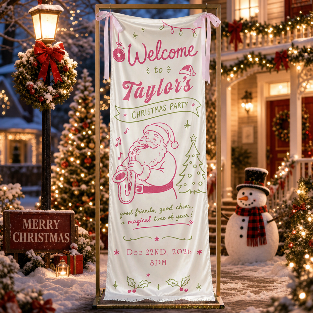 Pink Coquette Saxophone Santa Christmas Family Fabric Welcome Banner, Personalized Name Entrance Hanging Sign with Ribbon Ties, Musical Xmas Party Decor