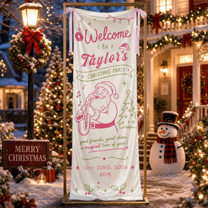 Pink Coquette Saxophone Santa Christmas Family Fabric Welcome Banner, Personalized Name Entrance Hanging Sign with Ribbon Ties, Musical Xmas Party Decor