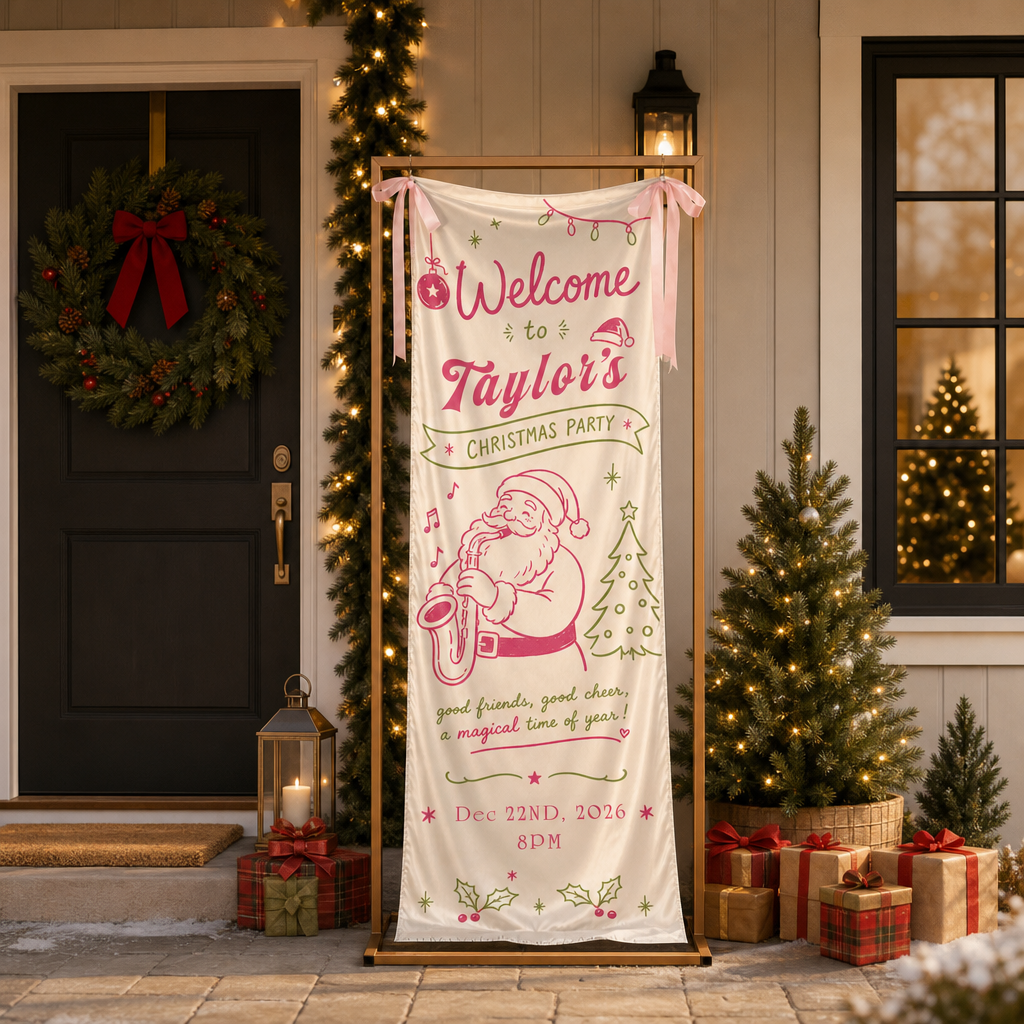 Pink Coquette Saxophone Santa Christmas Family Fabric Welcome Banner, Personalized Name Entrance Hanging Sign with Ribbon Ties, Musical Xmas Party Decor