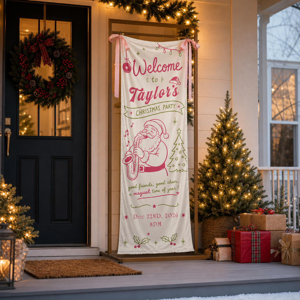 Pink Coquette Saxophone Santa Christmas Family Fabric Welcome Banner, Personalized Name Entrance Hanging Sign with Ribbon Ties, Musical Xmas Party Decor