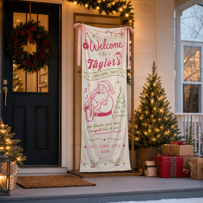Pink Coquette Saxophone Santa Christmas Family Fabric Welcome Banner, Personalized Name Entrance Hanging Sign with Ribbon Ties, Musical Xmas Party Decor