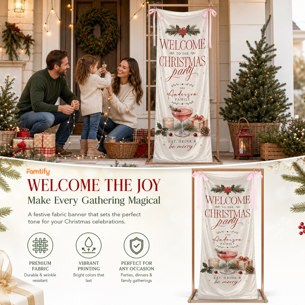 Vintage Poinsettia Cocktail Christmas Family Fabric Welcome Banner, Personalized Family Name Entrance Hanging Sign with Ribbon Ties, Elegant Winter Drink Xmas Party Decor