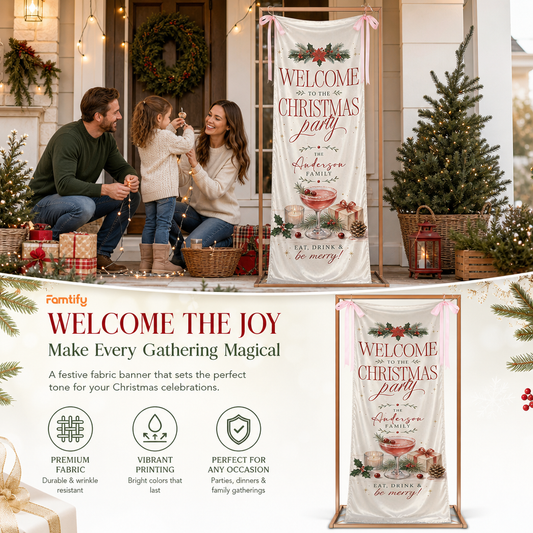 Vintage Poinsettia Cocktail Christmas Family Fabric Welcome Banner, view 2