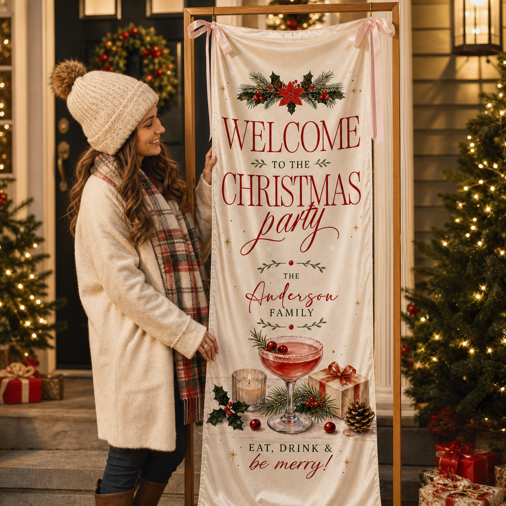Vintage Poinsettia Cocktail Christmas Family Fabric Welcome Banner, Personalized Family Name Entrance Hanging Sign with Ribbon Ties, Elegant Winter Drink Xmas Party Decor