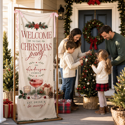 Vintage Poinsettia Cocktail Christmas Family Fabric Welcome Banner, Personalized Family Name Entrance Hanging Sign with Ribbon Ties, Elegant Winter Drink Xmas Party Decor