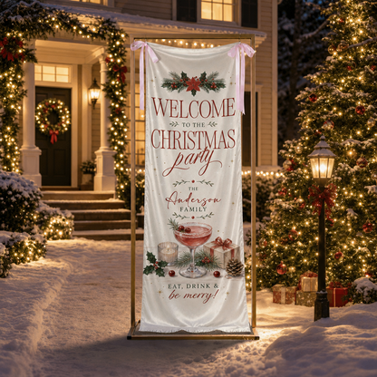 Vintage Poinsettia Cocktail Christmas Family Fabric Welcome Banner, Personalized Family Name Entrance Hanging Sign with Ribbon Ties, Elegant Winter Drink Xmas Party Decor