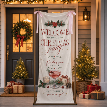 Vintage Poinsettia Cocktail Christmas Family Fabric Welcome Banner, Personalized Family Name Entrance Hanging Sign with Ribbon Ties, Elegant Winter Drink Xmas Party Decor