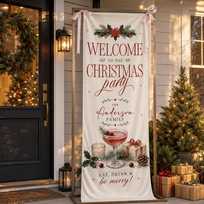 Vintage Poinsettia Cocktail Christmas Family Fabric Welcome Banner, Personalized Family Name Entrance Hanging Sign with Ribbon Ties, Elegant Winter Drink Xmas Party Decor