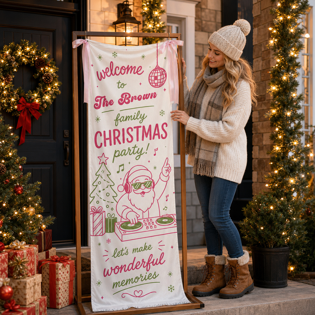 Pink Disco DJ Santa Christmas Family Fabric Welcome Banner, Personalized Name Entrance Hanging Sign with Ribbon Ties, Groovy Xmas Party Decor