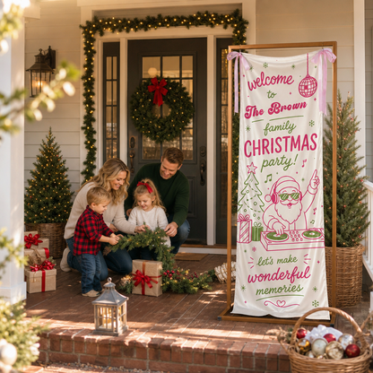 Pink Disco DJ Santa Christmas Family Fabric Welcome Banner, Personalized Name Entrance Hanging Sign with Ribbon Ties, Groovy Xmas Party Decor